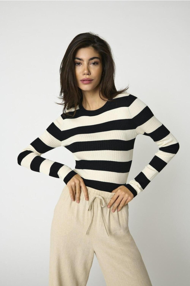 JDYPLUM L/S O-NECK STRIPE PULLOVER 15277223 BLACK/EGGNOG